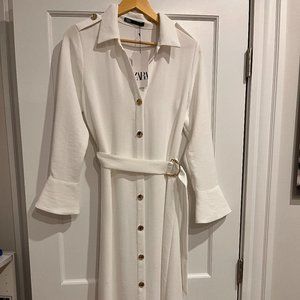 COPY - ZARA WHITE DRESS w/ belt, gold buttons and long sleeves, never worn, Spr…